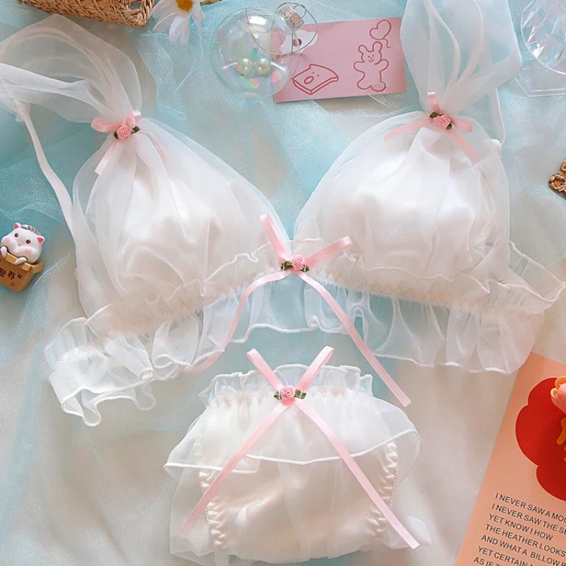 

Japanese Soft Girl Bras Lingerie School Student Lolita Underwear Mesh Ruffles Pink Bow Sweet Intimate Fairy Bra and Panty Set