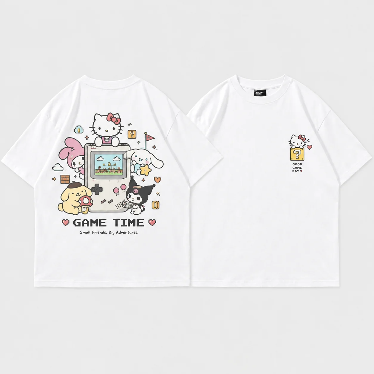 Sanrio Hello Kitty Gaming Parent Child Tee Men's Women's White Cute Cool Graphic Art Print Oversized Short Sleeve Streetwear Top