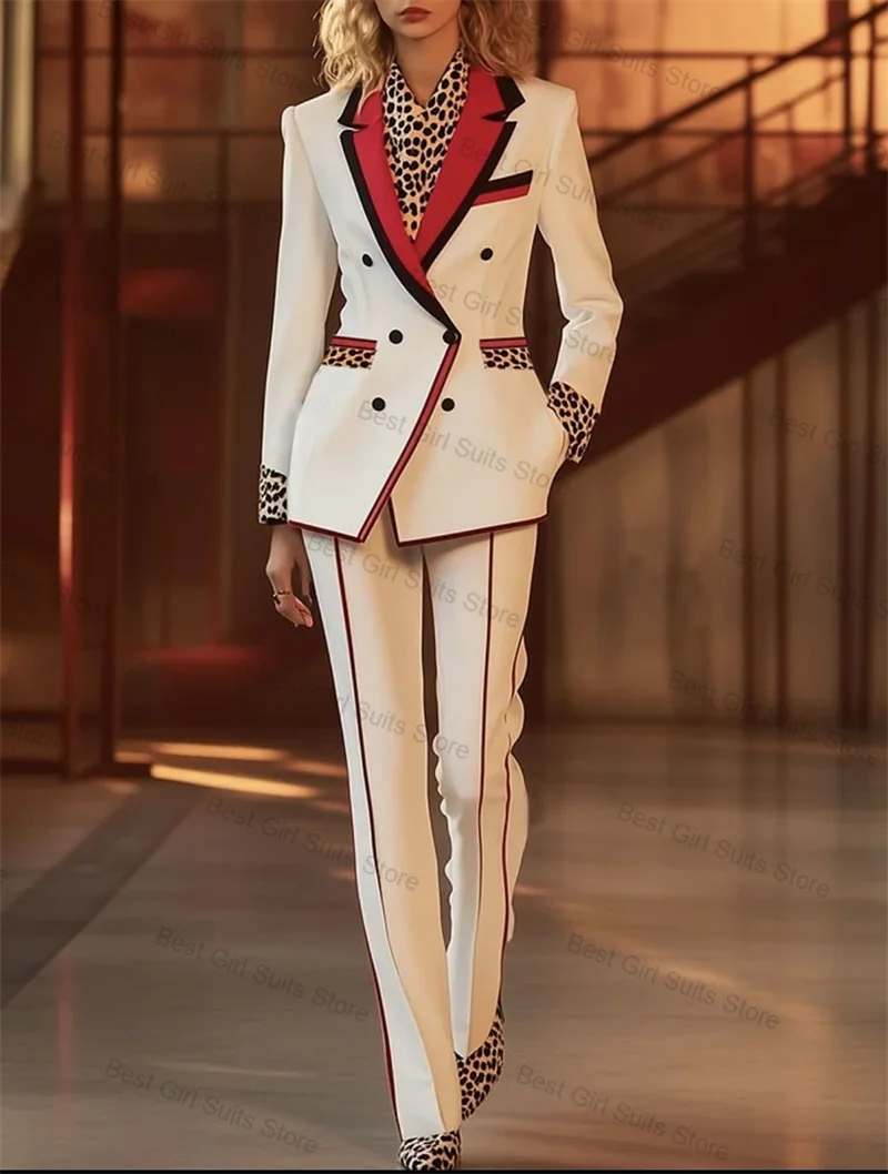 

Leopard Women Suit Set 2 Pcs White Red Blazer+Pants Autumn Formal Office Lady Jacket Customized Wedding Tuxedos Prom Dress