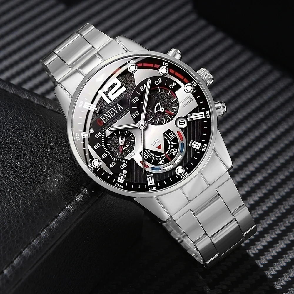 3PCS/SET Men\'s Calendar Quartz Watch Business Fashion Alloy Watch Set Necklace and Bracelet Set Ideal Choice for Gifts