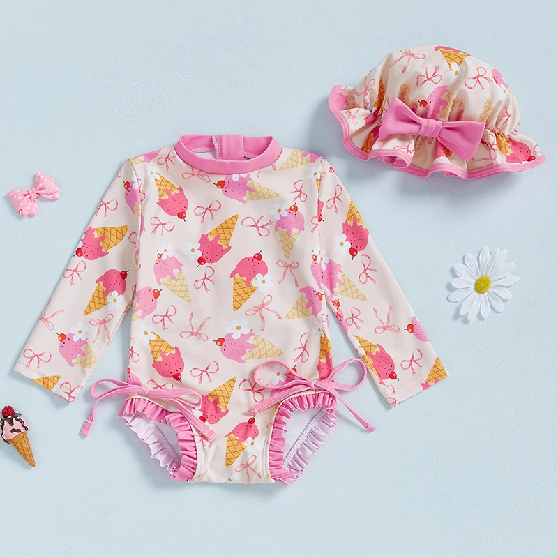 

Toddler Infant Baby Girls Swimsuit Ice Cream/Strawberry Print Bikini with Hat Set Swimwear for Summer Bathing