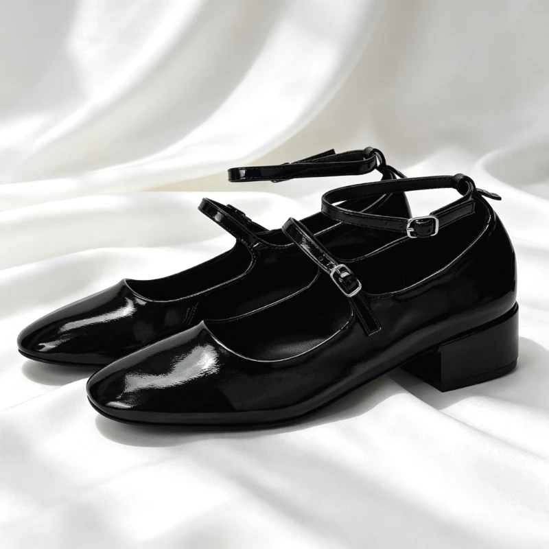 Retro Chunky Heels Mary Jane Shoes Women Fashion Double Buckle Design Pumps Luxury Patent Leather Round Toe Designer Shoes