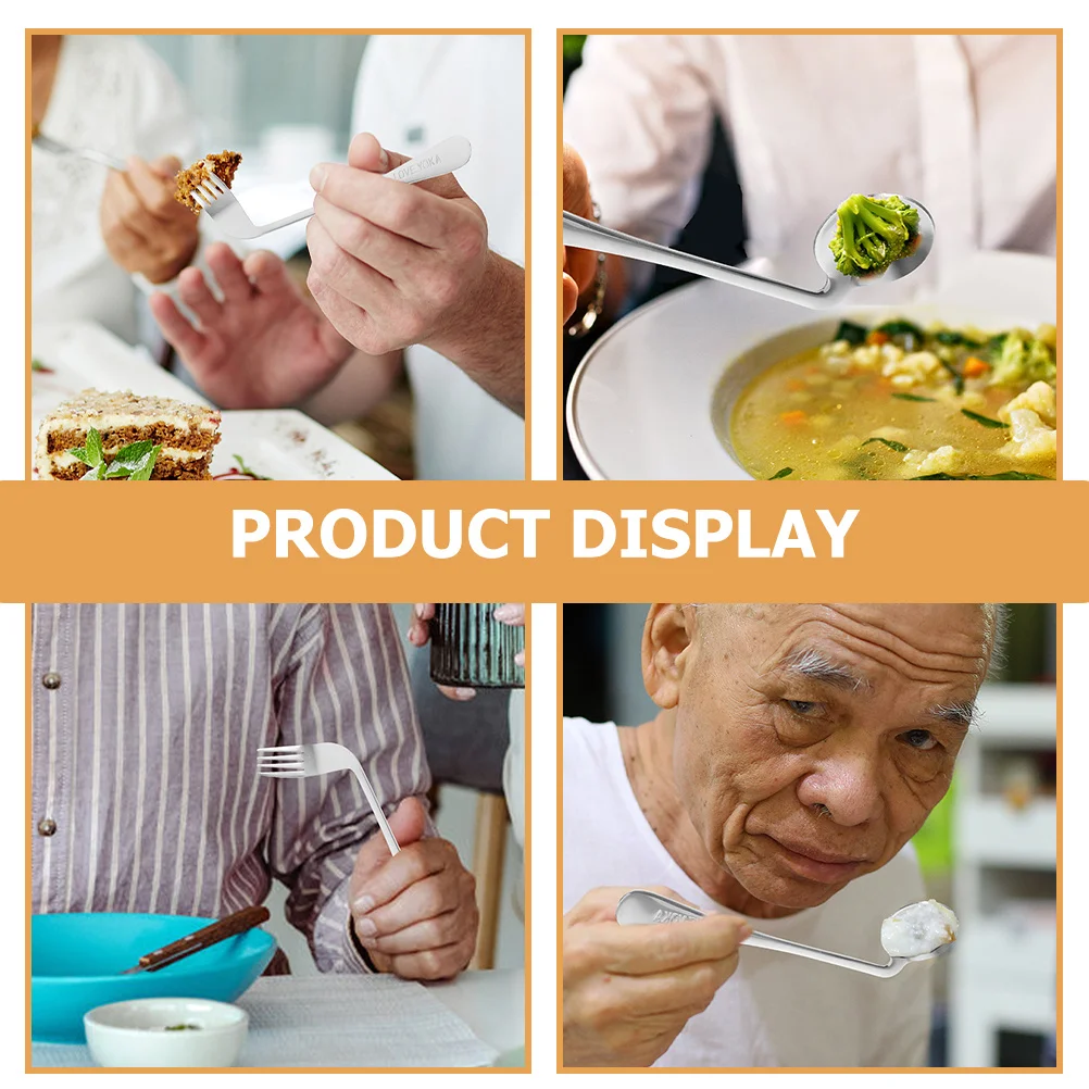 

1Set Left-Handed Angled Spoon Fork Set Elderly Feeding Tableware Ergonomic Stainless Steel Curved Utensils for Disabled Patients