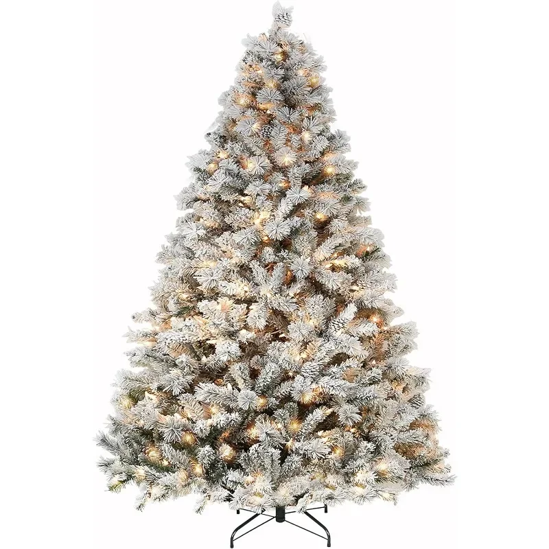

9 ft Snow Flocked Christmas Tree, Artificial Christmas Tree with 2100 Tips, 600 Warm White Lights, Metal Stand and Hinged