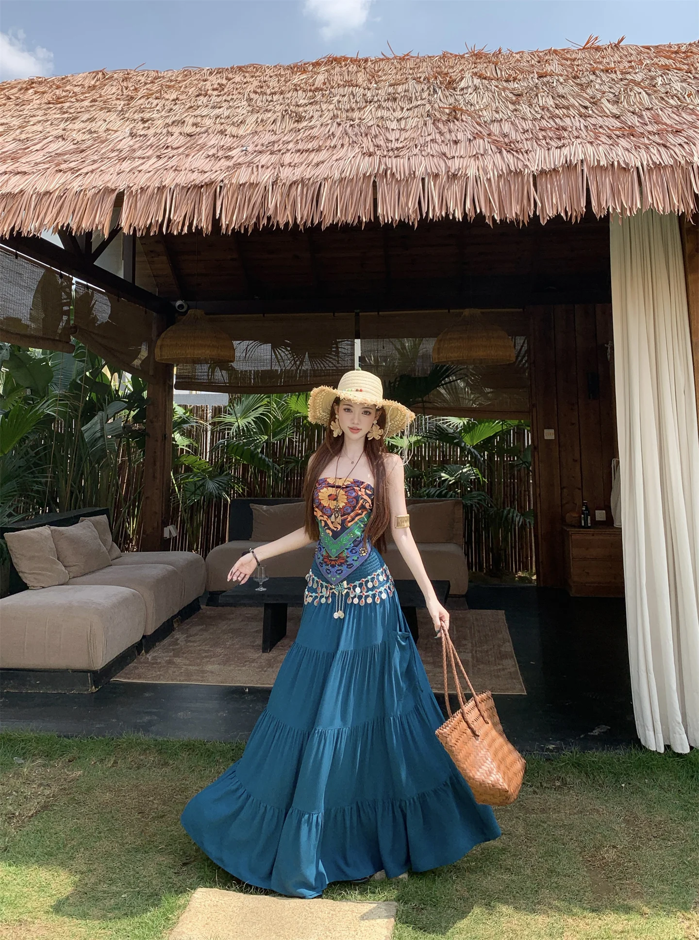 

Kumikumi Summer Sexy Print Slim Fit Tube Top Vest Women's Color Maxi Skirt Two Piece Set Casual Fashion Ensemble