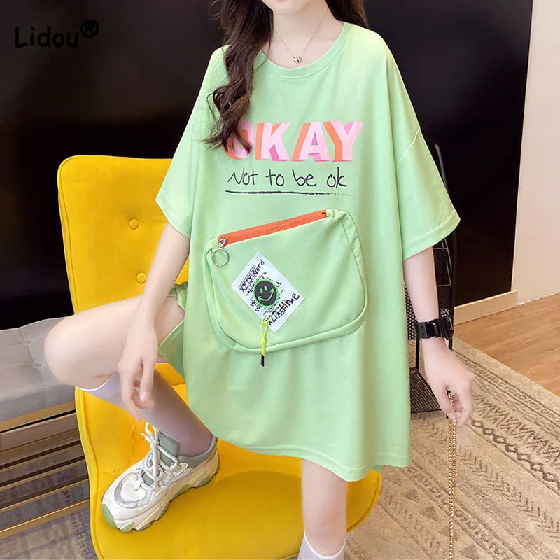 

Fashion Korean Pockets Spliced T-shirt Summer Women's Clothing Casual Streetwear Loose Letter Printed Solid Color Tops Female