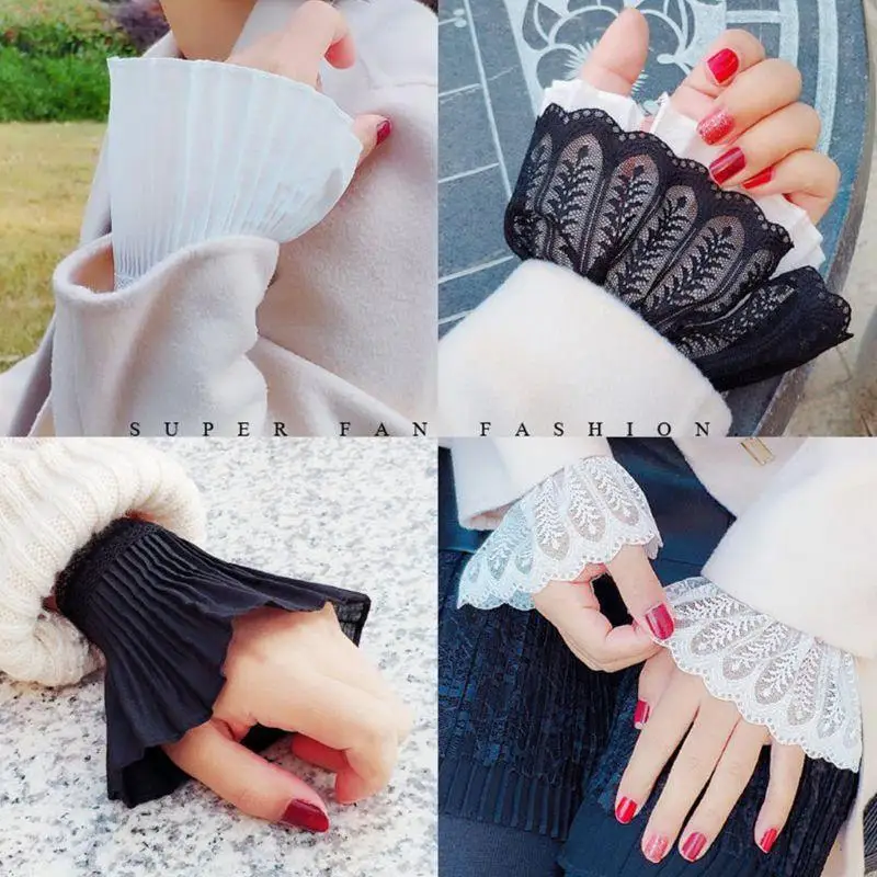 49ME Women Girls Fake Flare Sleeves Floral Lace Pleated Ruched False Cuffs Sweater Blouse Apparel Wrist Warmers Pearl Button