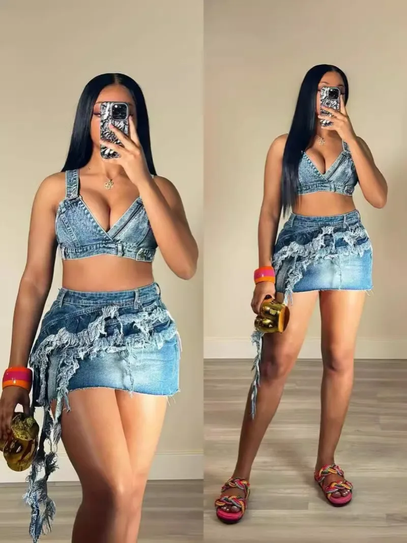 Women Sexy Denim 2 Piece Sets V-neck Sleeveless Backless Vests Crop Tops + Tassel Bodycon Mini Skirts Casual Street Jeans Suits