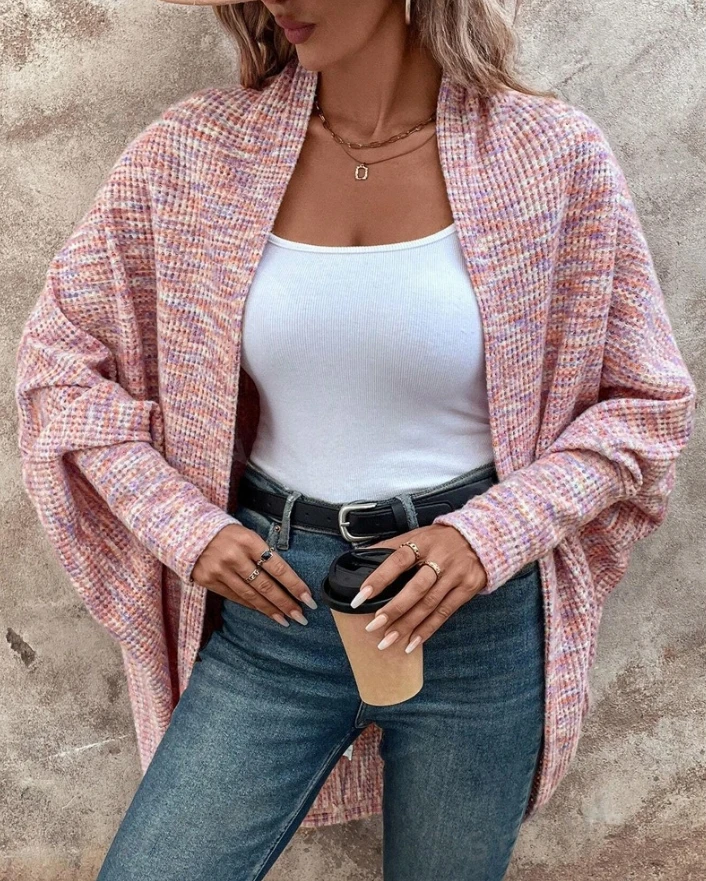 Women's Lazy Style Cardigan 2025 Autumn Winter Latest Colorful Waffle Knit Open Front Coat Batwing Long Sleeve Open Front Jacket