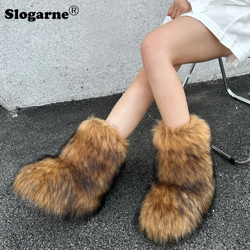 Y2K Fluffy Mid-calf Boots Winter Women Fashion Snow Boots Warm Cotton Shoes Ladies Faux Raccoon Fur Boots Furry Platform Shoes