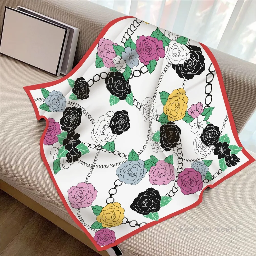 

French 90cm Valentine's Day Gift Rose Flower Twill Women's Travel Sunscreen Shawl Large Square Scarf Headscarf Scarf