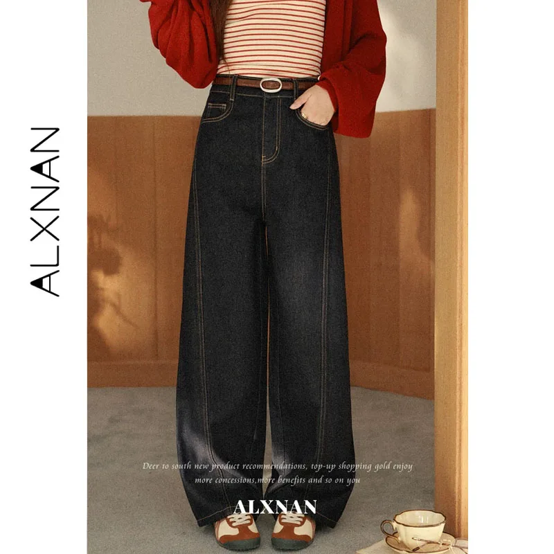 ALXNAN Dark‑blue Straight‑leg Jeans Women Autumn Draping Hip‑covering Slim‑fit Elegant Long Pants 2026 Baggy Denim Pants L67609