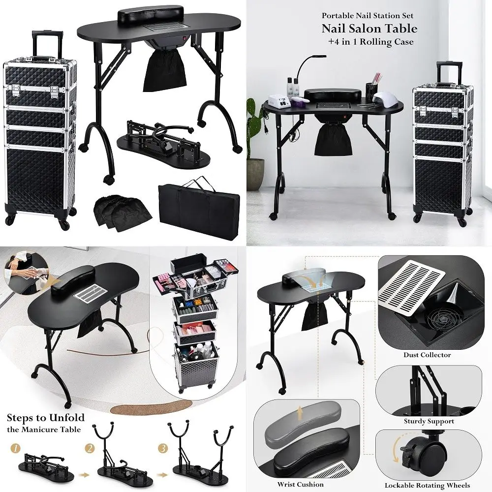 

SimpleampStorage Manicure Table with Glass, Marbling Textured Salon Nail Tech Desk, Acetone Resistant Stylist Equipment, Makeup
