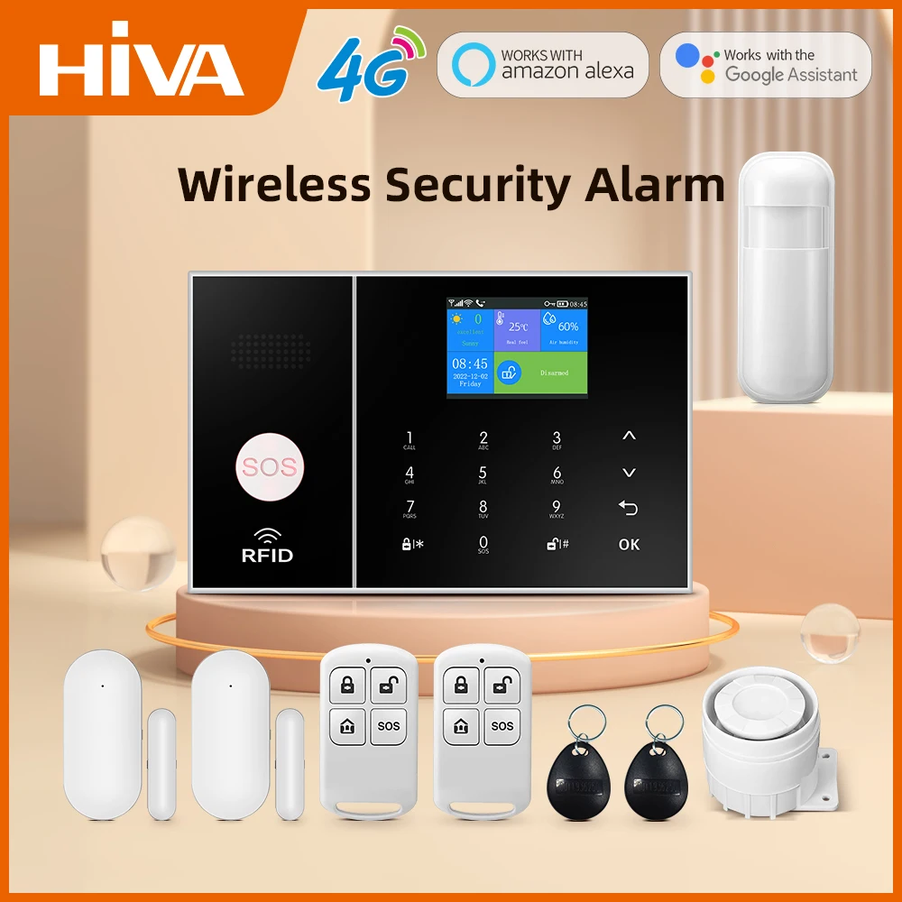 HIVA 4G Security Alarm System For Home WiFi Tuya Smart Life App Control Burglar Alarm Kit Work With Alexa With Pir Door Sensor