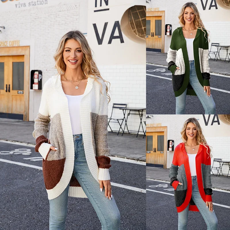 

Women's 2023 Fall Fashion Hooded Cardigan Sweaters Open Front Oversized Knit Casual Long Cardigans Outerwear with Pockets