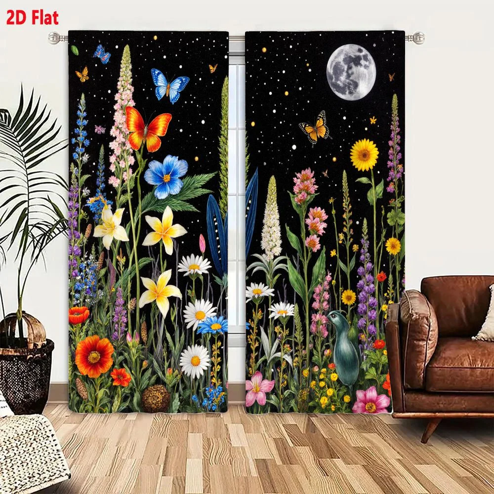 2Pcs Curtains 2D Flat Whimsical Night Garden Illustration With Colorful Flowers Butterflies And Full Moon On Starry Sky Window D