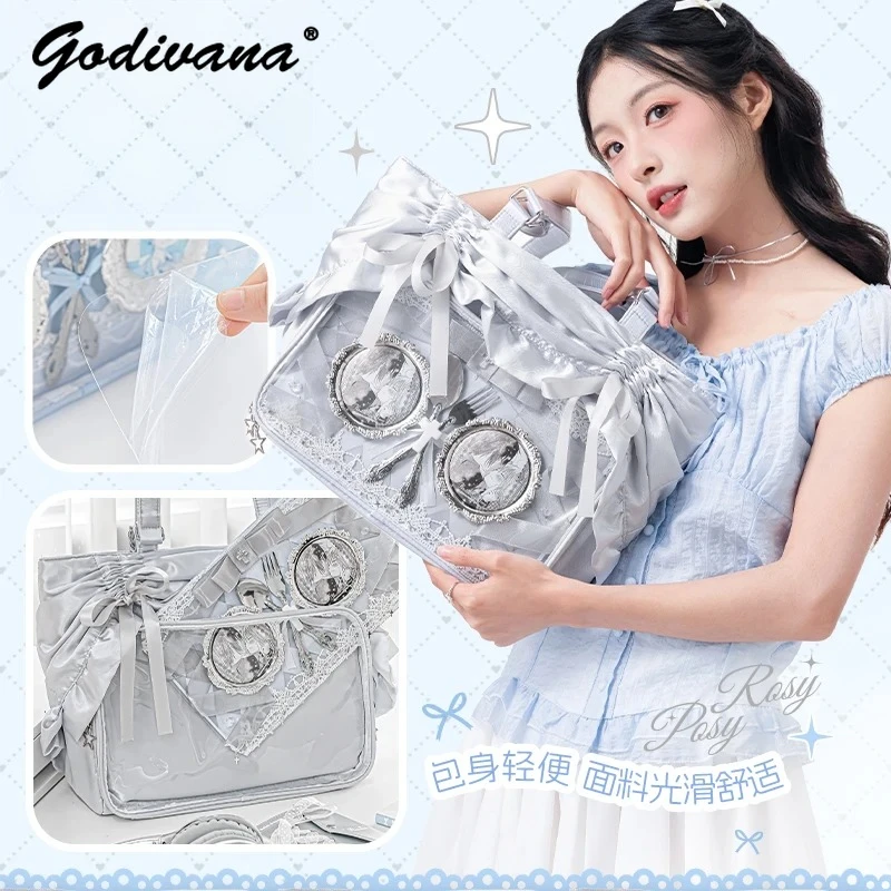 Original Student Girls Pleated Satin Ruffled Shoulder Bag Japanese Style Large Capacity Ita Bag Women's Tote Handbags
