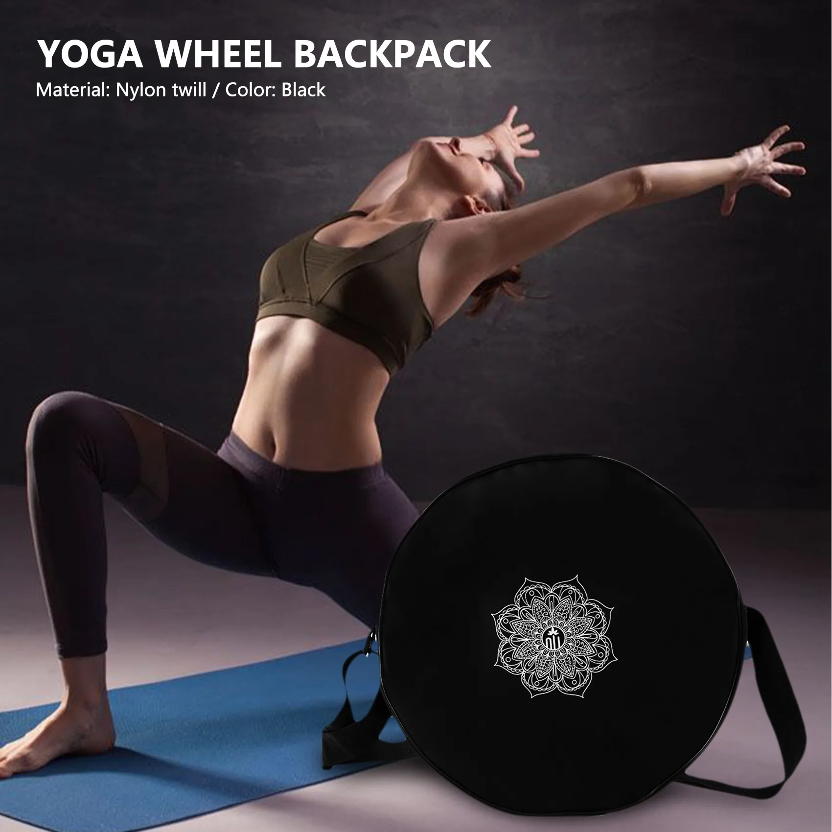 Yoga Wheel Bag Nylon Black Mandala Flower 36X14cm Yoga Circle Bag For Yoga Wheel Large Capacity Highly Recommended