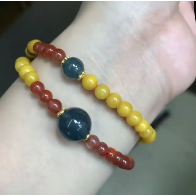 Natural Jadeite A Design Double-Loop Bracelet with Beeswax and Red Agate, S925 Silver