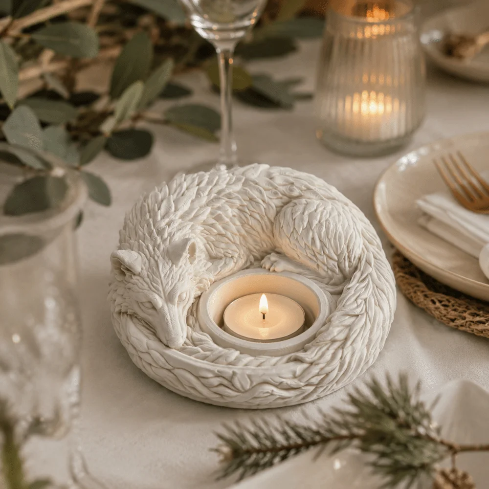 3D Printed Candle Holder Multi-functional Home Decor Wolf Sculpture Ornaments Furry Texture Sleeping Wolf Candlestick