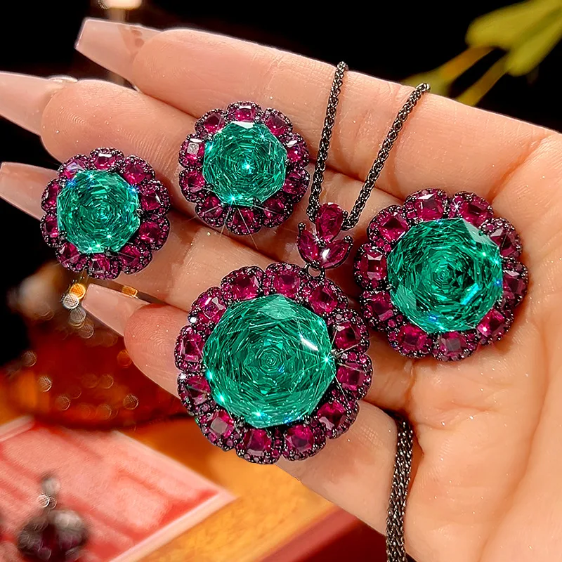 Joyería Retro, Nuevo Conjunto de Lujo con Base de Cobre y Baño de Oro, Simulación de Pala Verde, Regalo para el Día de la Madre