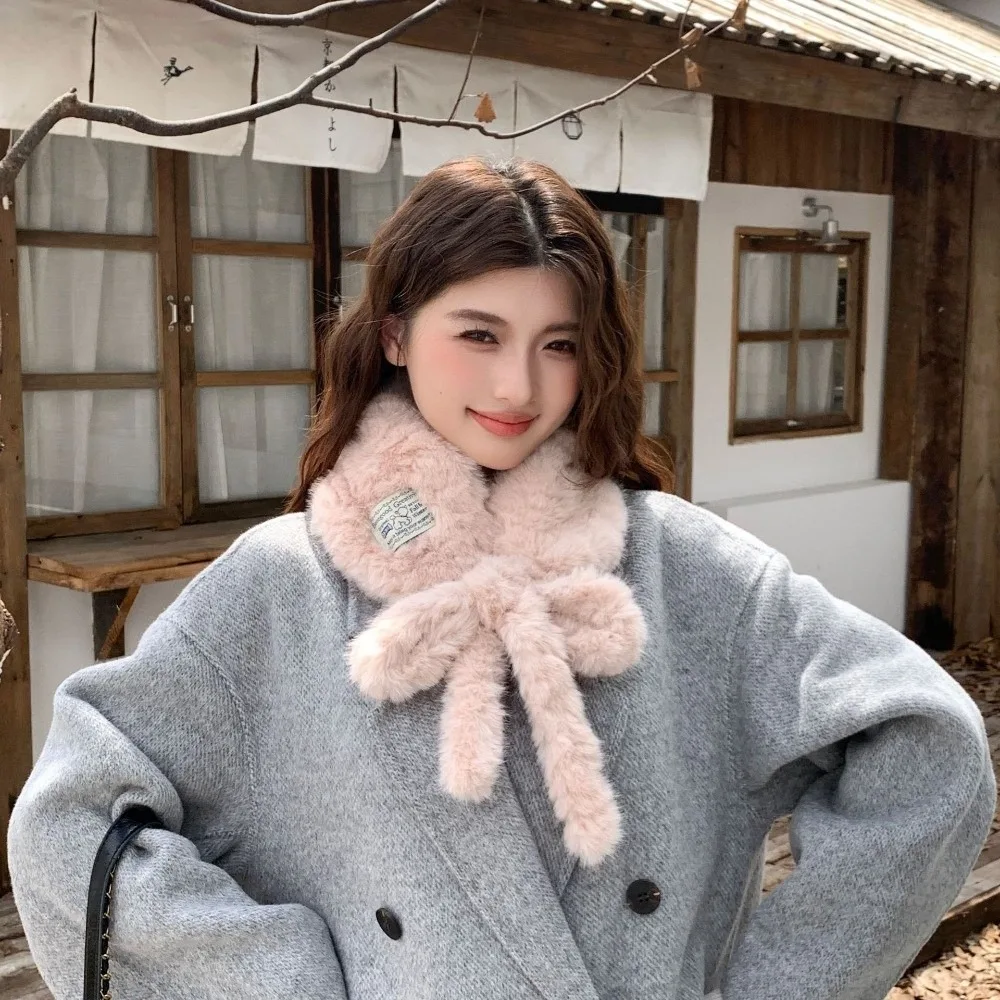 Sweet Thickened Warm Faux Fur Scarf Lace-up Pure Color Snood Scarf Soft Furry Neck Warmer Scarf Winter