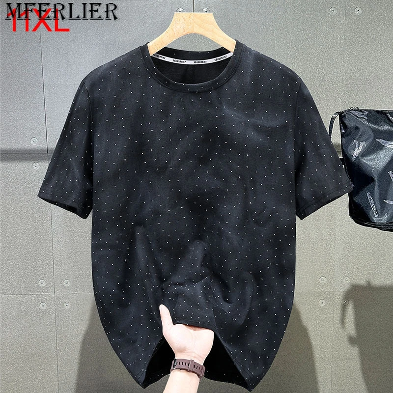 

Men Short sleeved Cotton New Summer Plus Size Half Sleeves Trendy Casual Round Neck T-shirt Tie Dyed Iron Drill 11xl 170kg