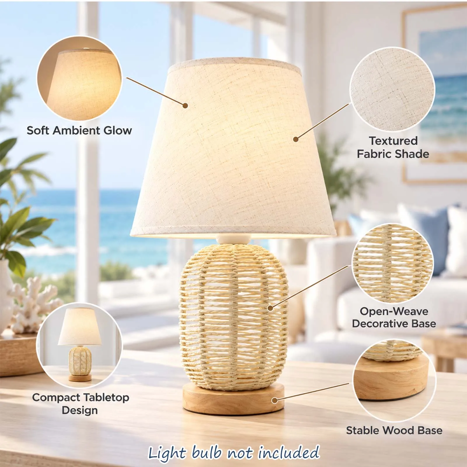Table Lamp, Cream Linen Shade, Open Weave Oval Base, E27, Coastal, Bedroom Bedside Living