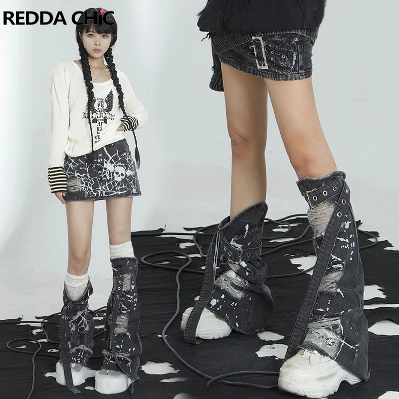 

ReddaChic Grayu Harajuku Women Leg Warmers Ripped Holes Silver Foils Textured Belt Boots Cover Destroyed 90s Y2k Knee Long Socks