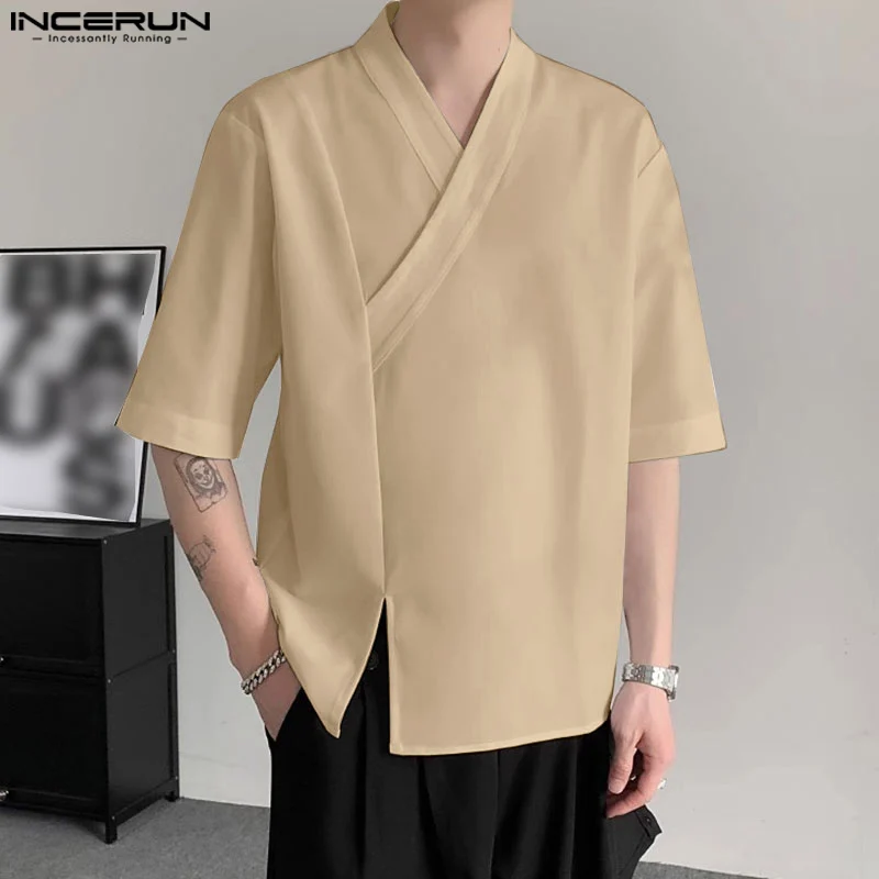 INCERUN Tops 2024 Chinese Style Men\'s Cross Collar Design Solid Simple Shirts Casual Streetwear Male Short Sleeved Blouse S-5XL