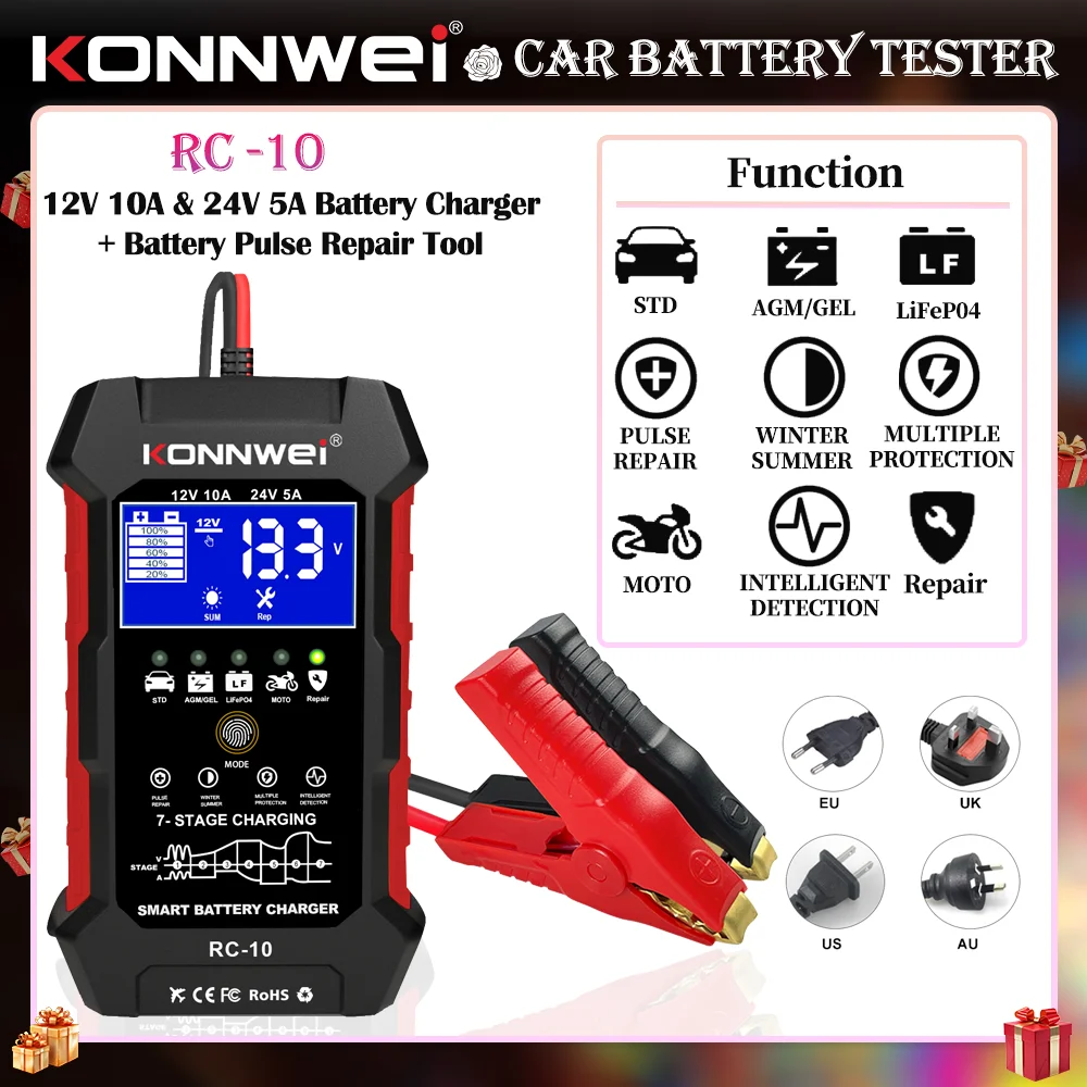 KONNWEI RC-10 12V Battery Charger Smart Pulse Repair Auto Maintainer Trickle Charger for Lead Acid AGM GEL Wet Car Battery