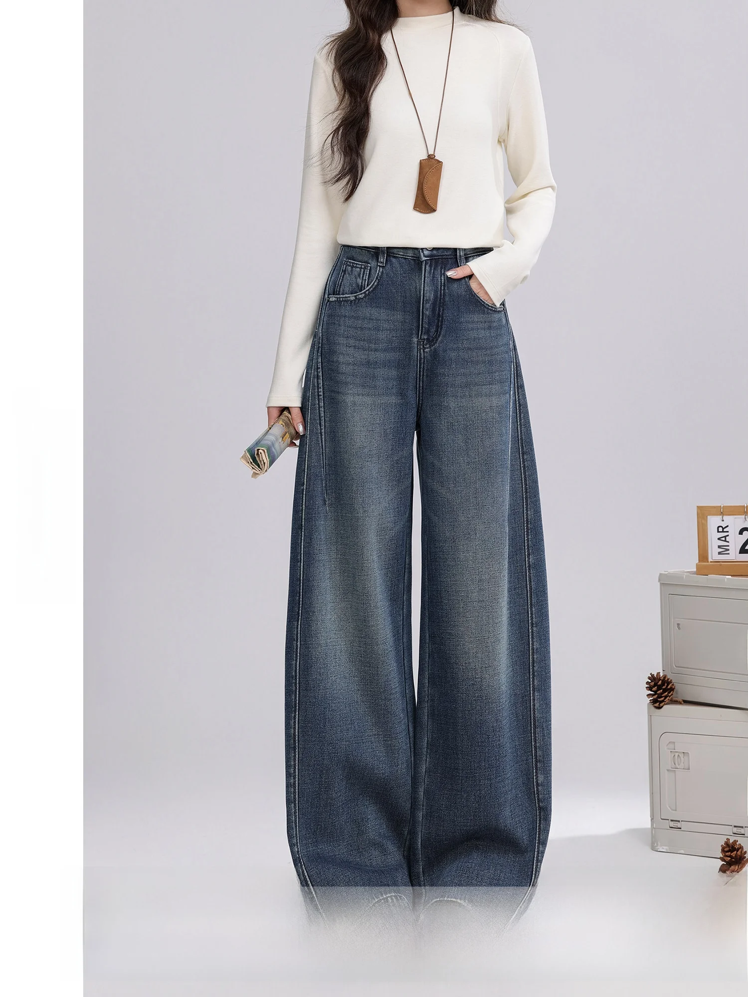 

Retro Fce Lined Wide Leg Denim Jeans Women's Versatile Winter High Waist Zipper Closure Color Casual High Street Sle
