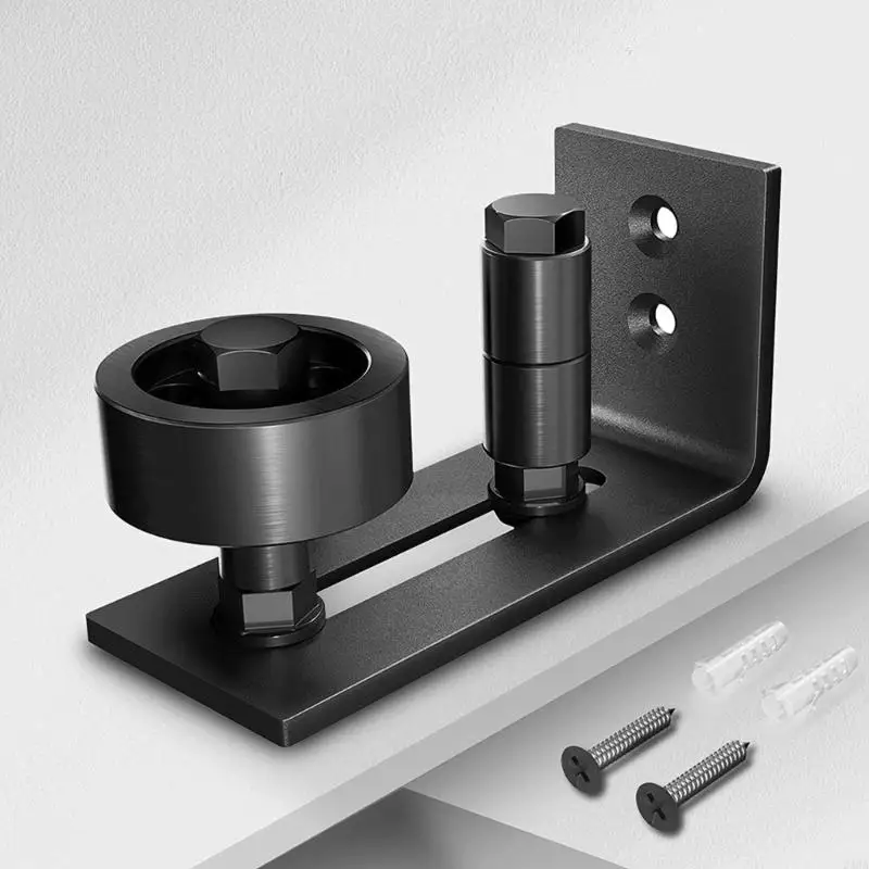Black Barn Door Floor Guide Roller, Adjustable Floor Guide with Mount Hardware for Sliding Door Alignment, Install Layout, and