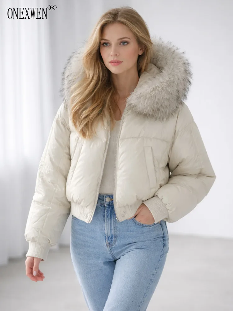 ONEXWEN Black Women Short Down Jacket Oversized Fluffy Fur Hood Loose Quilted Design Ribbed Bottom Warm Winter Ladies Coat RU87