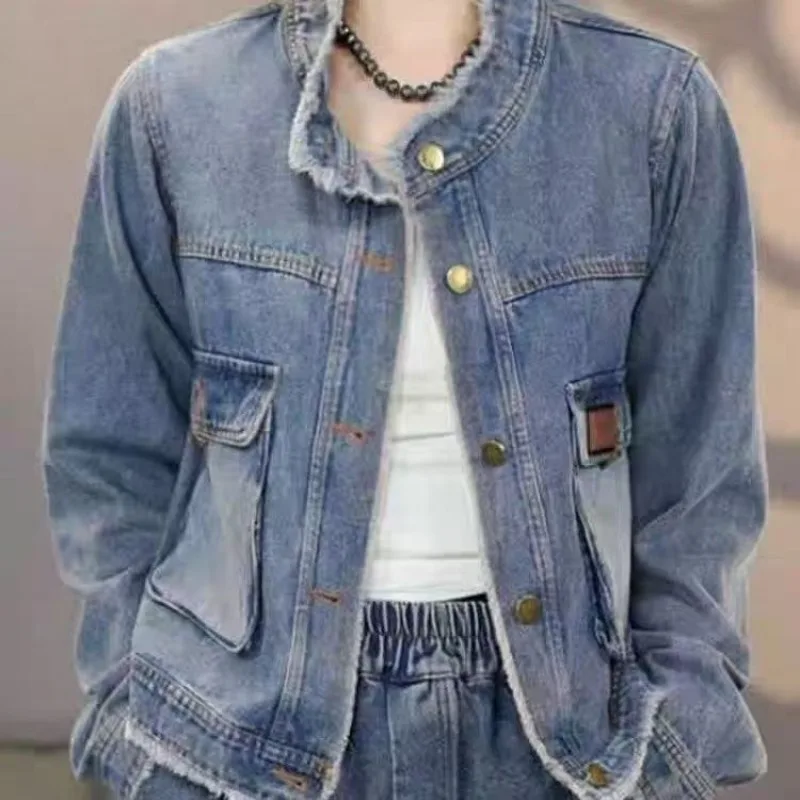 Vintage Frayed Fringe Denim Jacket Early Autumn Short Loose Women's