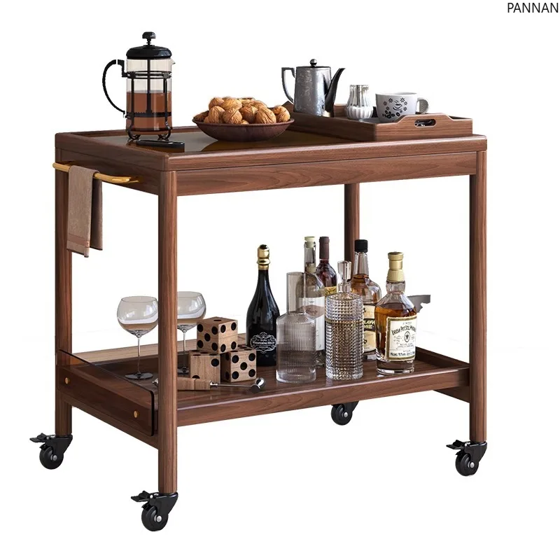 

Nordic solid wood edge table simple movable trolley black walnut coffee table sofa side table
