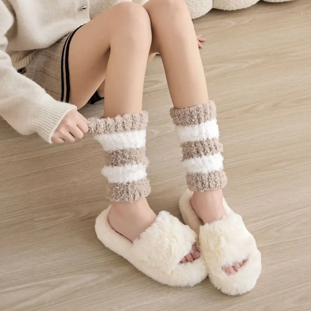

Cute Thicken Warm Short Tube Sock Cover Simple Hosiery Coral Fleece Stockings Leg Warmers Stripe Floor Plush Stockings Girl