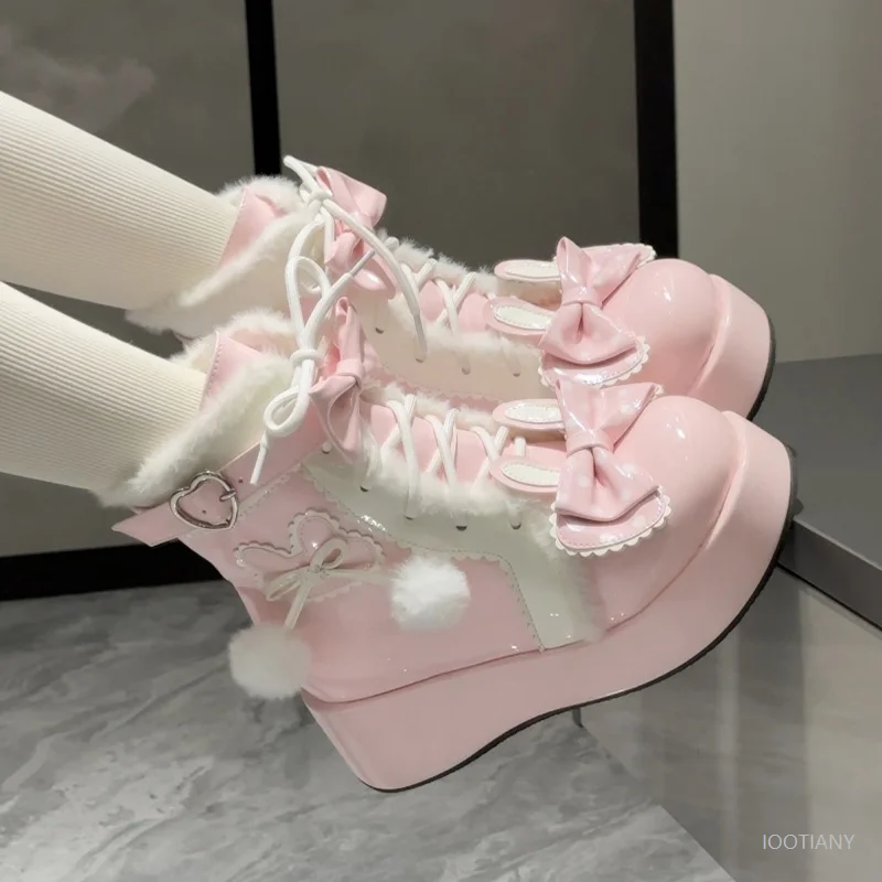 Doce lolita estilo botas de neve de inverno cosplay estudante feminino bonito pelúcia quente bolinhas coelho orelha velo-forrado sapatos plataforma 2026