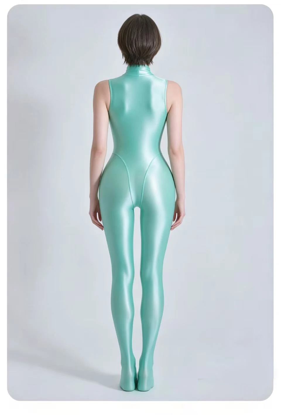 AMORESY dünner, glänzender, ölglatter, bidirektionaler Frontreißverschluss-Jumpsuit, einfarbiger, hochgeschlossener, ärmelloser Badeanzug – Detail 5
