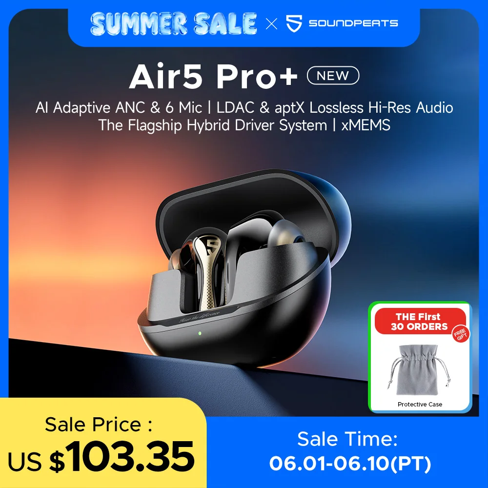 SOUNDPEATS Air5 Pro + XMEMS �couteurs Bluetooth 55dB hybride adaptatif ANC �couteurs, haute r�solution sans fil, LDAC/aptX casque sans perte