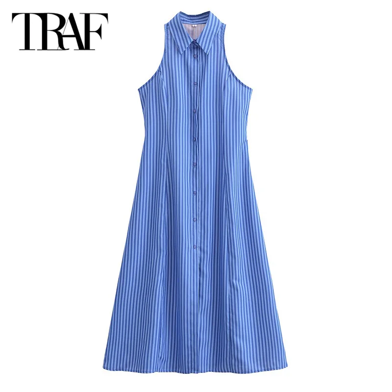 TRAF-vestido midi listrado azul longo para mulheres, vestido casual feminino de escritório, elegante moda festa, verão, 2022