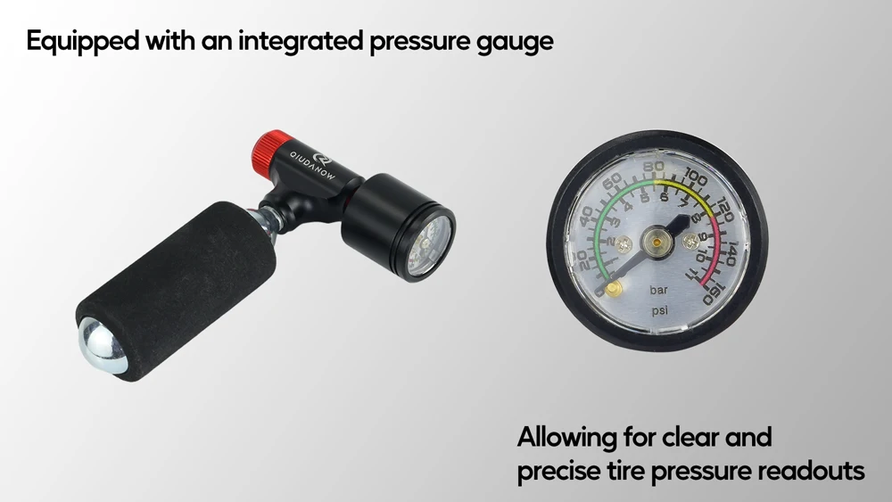 Fahrrad-CO2-Pumpe, Mini, tragbar, handbetrieben, schnelle Reifenpumpe mit Manometer für MTB- und Rennräder, passend für Schrader- und Presta-Ventile – Detail 2