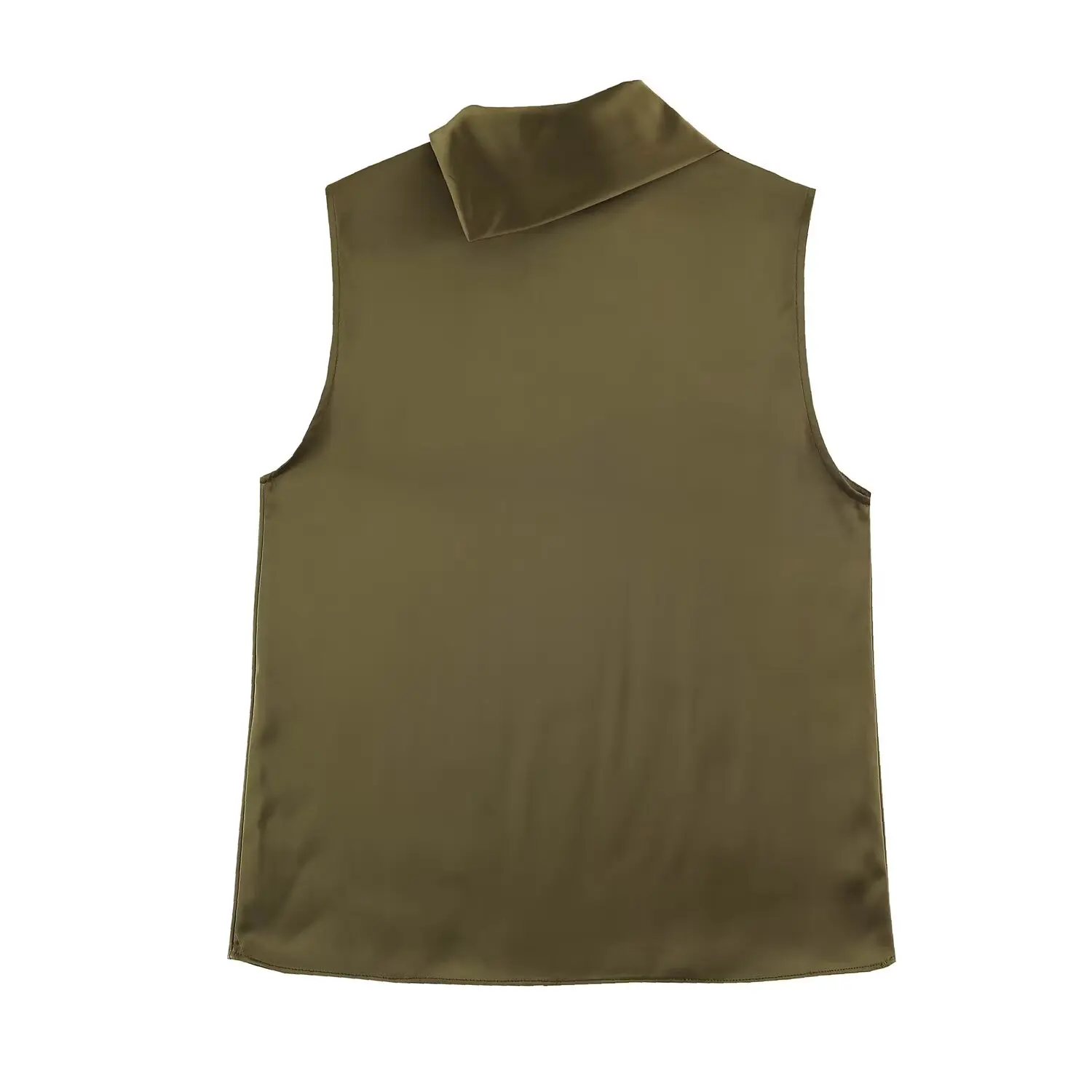 BSAY 2026 Neues Minimalistisches Satin-Zweiteiler-Set mit Drapierter Kragenpartie, Ärmellosem Oberteil mit Schulterknöpfen und Tailliertem Midi-Rock für Damen – Detail 5
