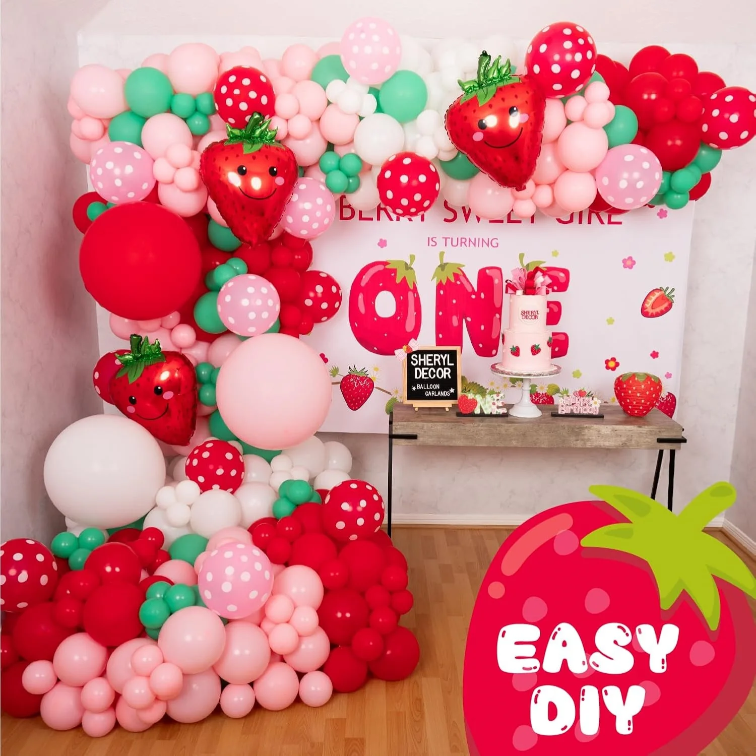 Strawberry Balloon Arch Kit and Garland Comes with Strawberry – Small and Large Red Pink Green Strawberry Balloon – Strawberry Cake Party Decoration