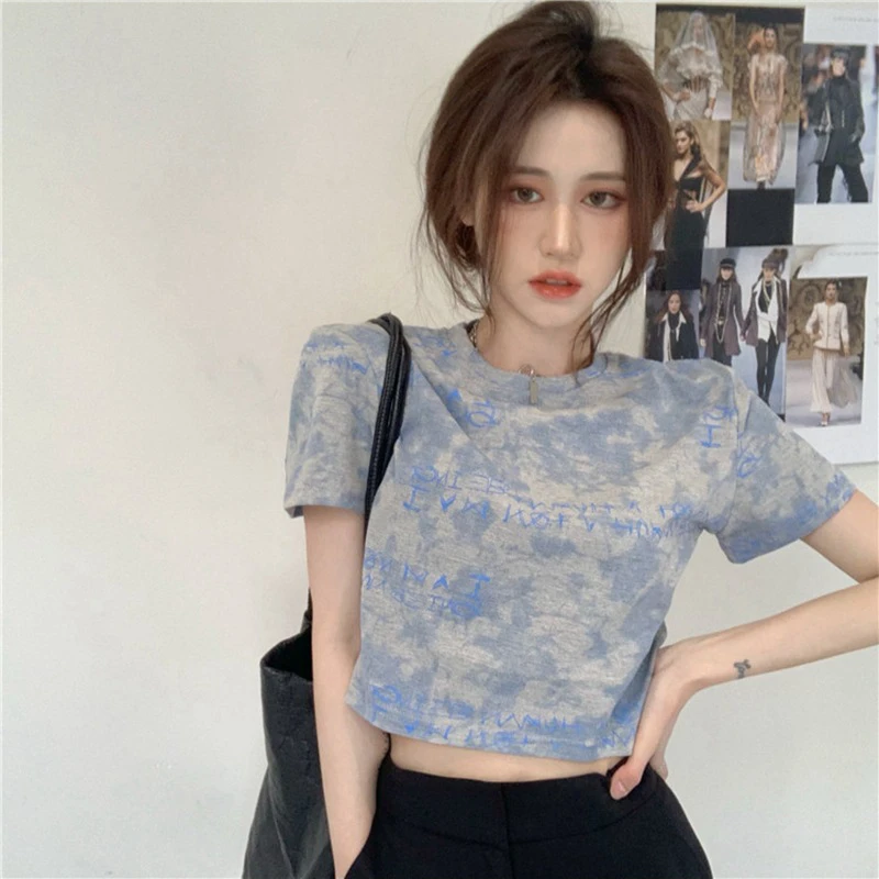 New Internet Celebrity Tie Dye Letter Printed Short Sleeved T-Shirt For Women's Korean High Waisted And Navel Exposed Short Top