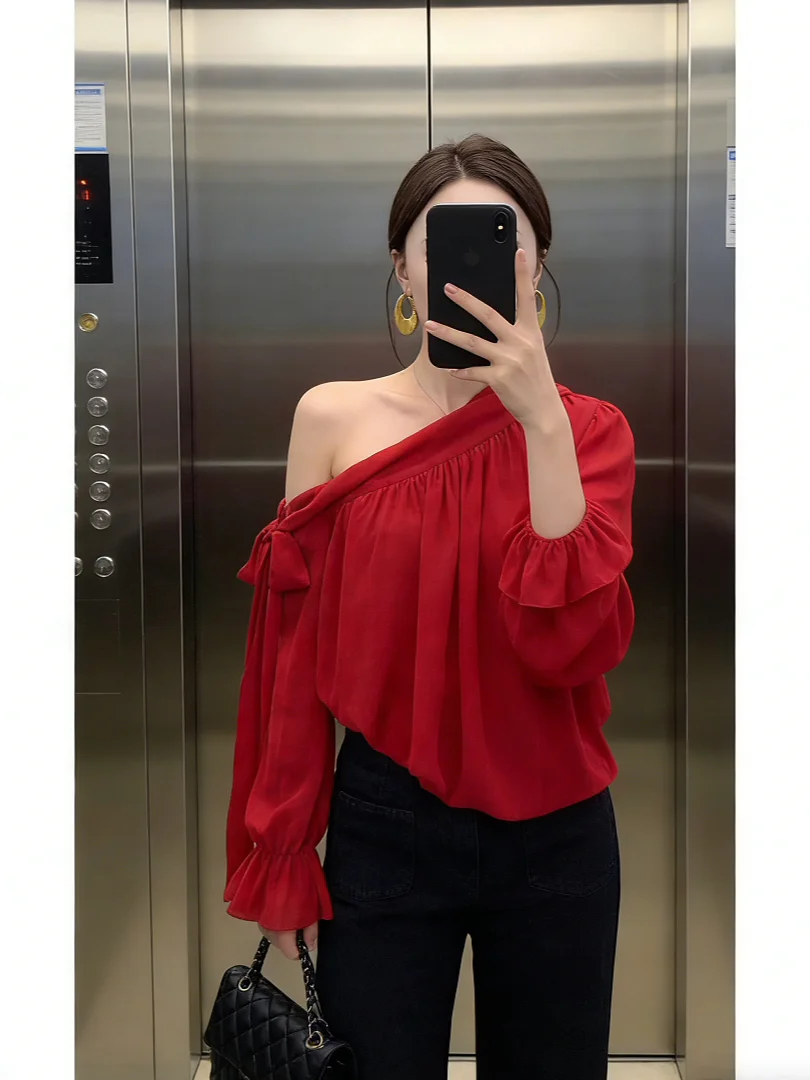 

Ele Red Off-oulder irt Unique Sli Summer Wear for Women High Quali Loose Fit Long Sve Button down irt