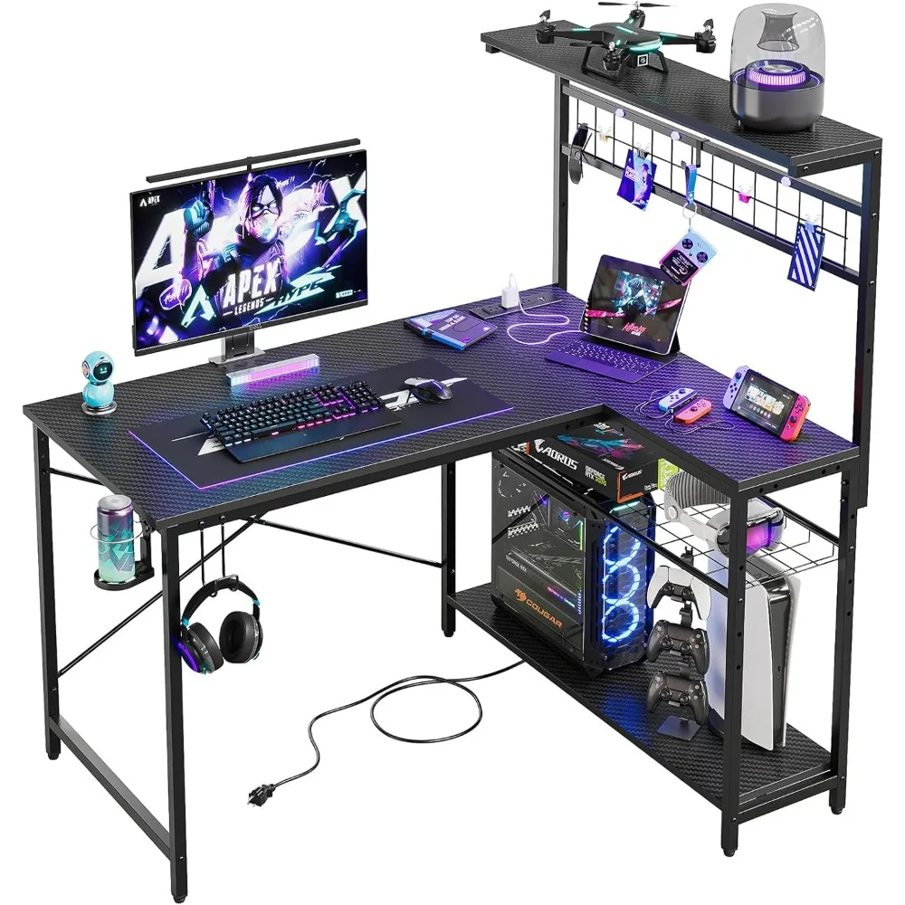 42 L Gaming Desk,Computer Desk with Power Outlets, LED Lights, Reversible Corner Desk with 4-Tier Shelves,Cup Holder