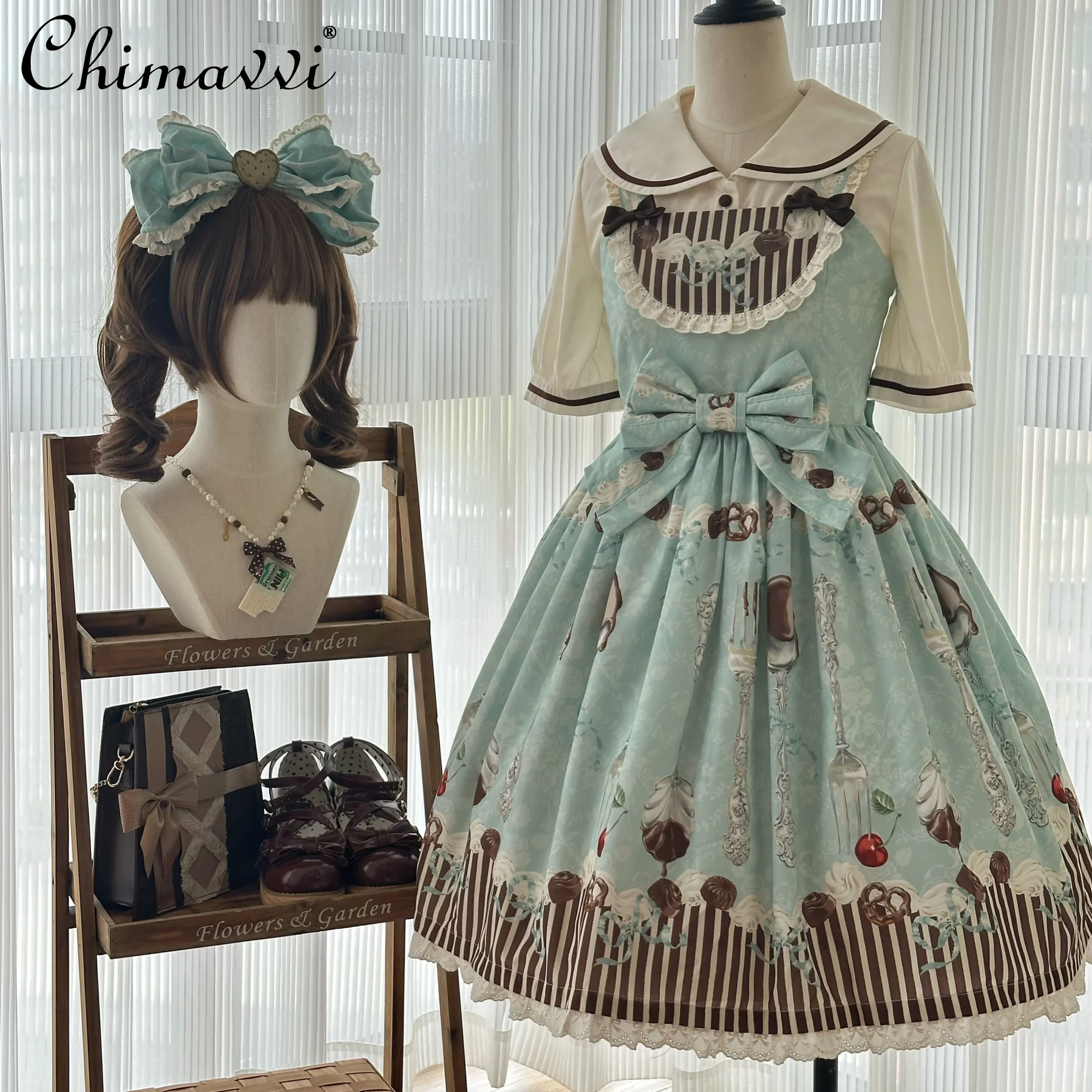 Abiti Lolita Sweet Girl dal design originale Primavera e autunno Nuovo abito Jsk a vita alta con stampa di fiocchi carini Abiti verdi da donna Kawaii