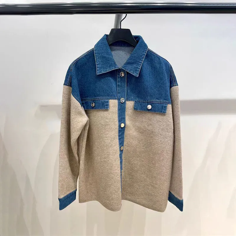 High-End Version European Sle Women's Denim Jaet Color Blo Collar Stand up Top Vintage ort Outerwear