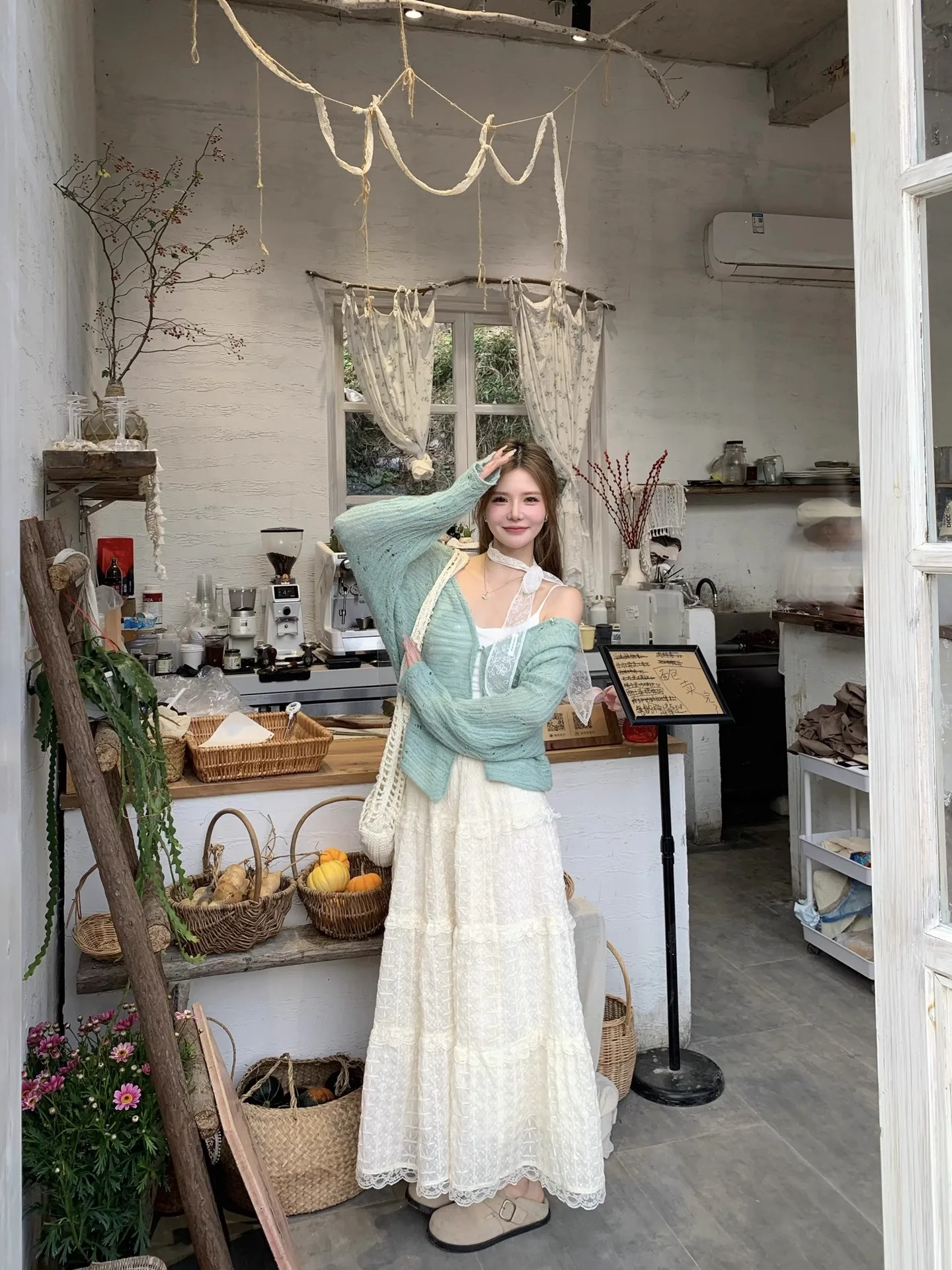 

Sweet Style Women's Long Sleeve Hollow V-neck Knitted Sweater High Waist Skirt Two-piece Set Autumn Casual Loose Fit